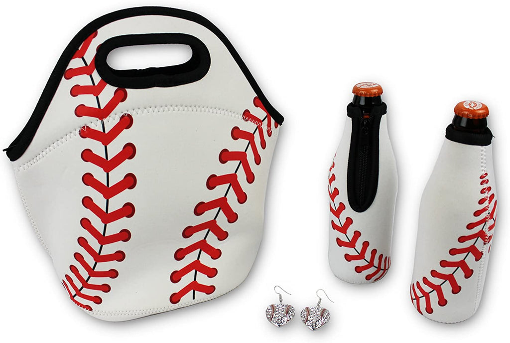 Iron Band Baseball Gift Bundle, Baseball Neoprene Lunch Bag, 2 Baseball Beer Bottle Cooler, Baseball Earrings for Sports Fan Men Women