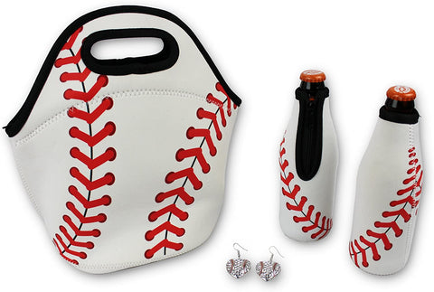 Iron Band Baseball Gift Bundle, Baseball Neoprene Lunch Bag, 2 Baseball Beer Bottle Cooler, Baseball Earrings for Sports Fan Men Women