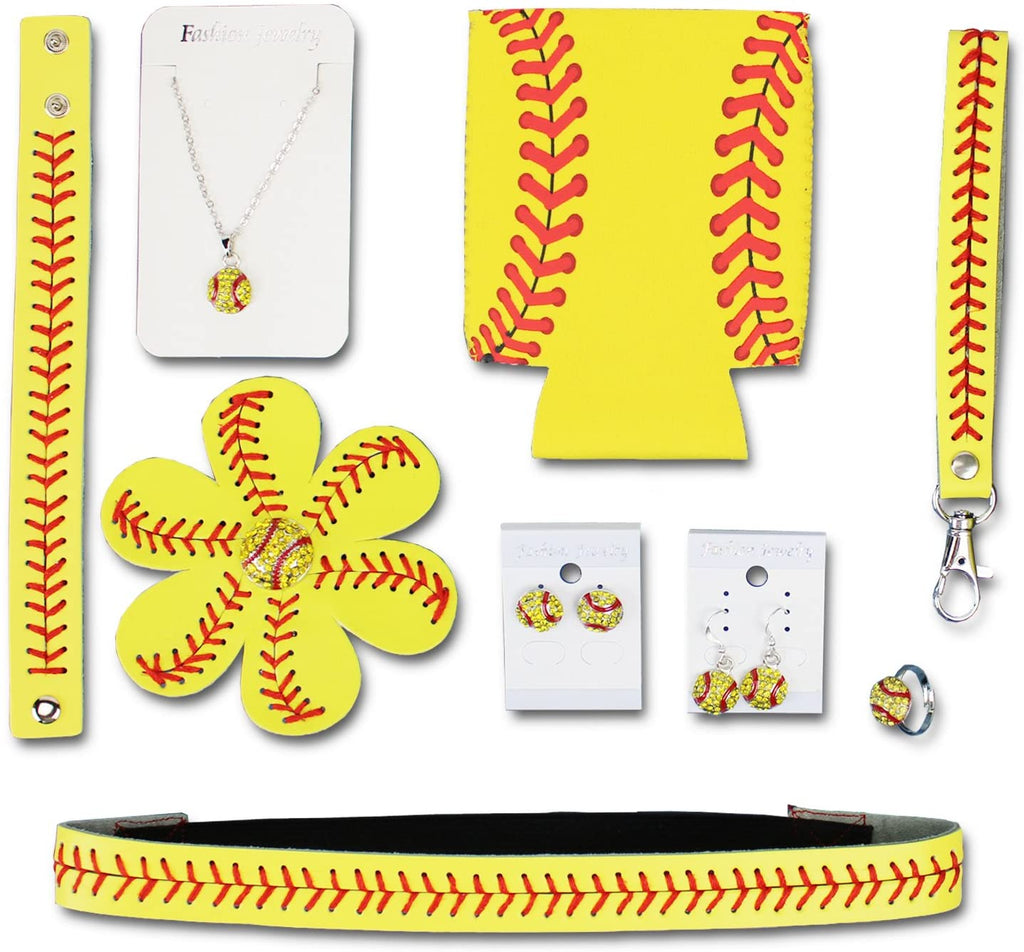 Iron Band Softball Mom Gift Bundle, Baseball Headband, Keychain, 2 Pairs of Baseball Earrings, Baseball Necklace, Hairbow, Ring for Sports Fan Men Women
