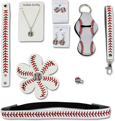 Iron Band Baseball Mom Gift Bundle, Baseball Headband, Keychain, 2 Pairs of Baseball Earrings, Baseball Necklace, Hairbow, Ring for Sports Fan Men Women