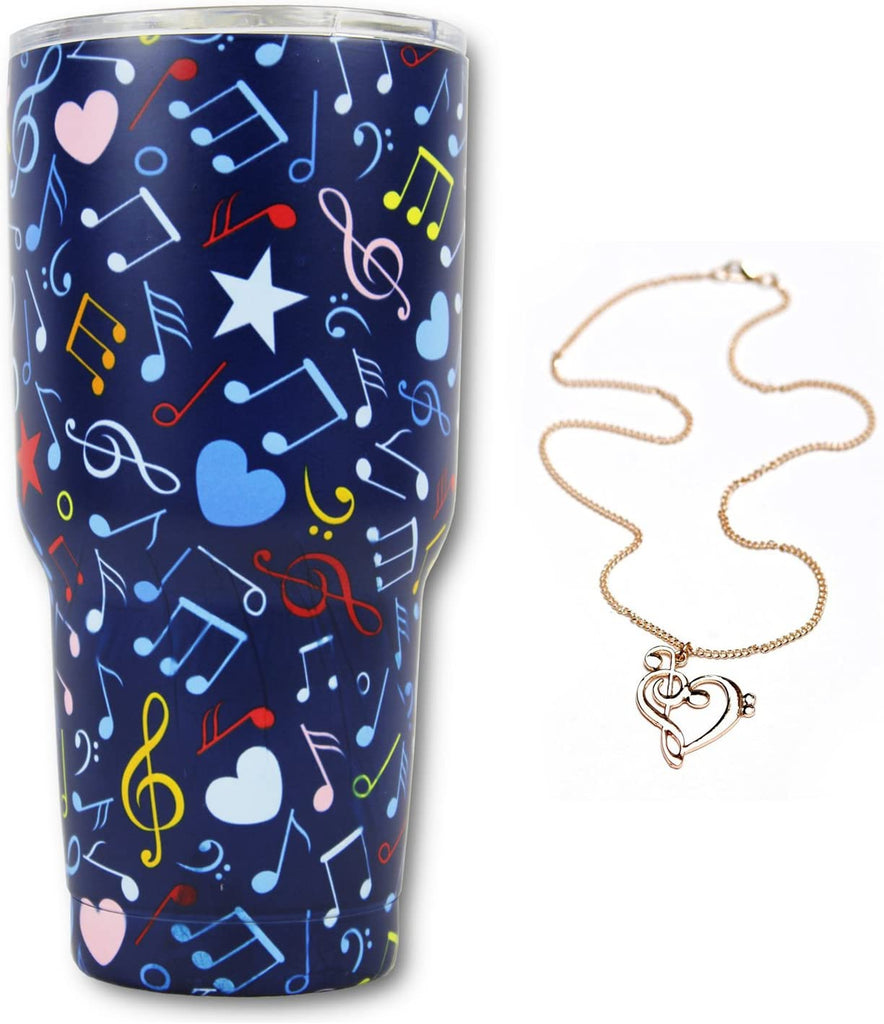 Music Note Gift Bundle, 30Oz Stainless Steel Tumbler & Music Note Necklace, KnitPopShop, Travel Vacuum Insulate Cup Men Women Mom Teacher Fan Lovers Mug