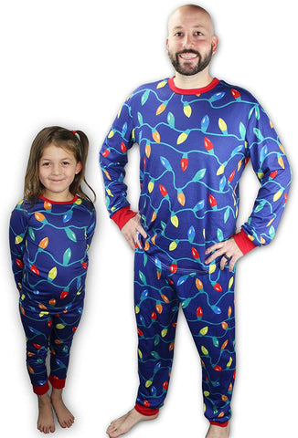 Knitpopshop Matching Family Christmas Lights Pajama Pjs Holiday Set, Kids, Adults, Womens, Mens Custom Red Blue Green