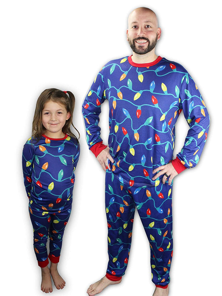 Knitpopshop Matching Family Christmas Lights Pajama Set, Kids, Adults, Womens, Mens Custom Red Blue Green (Youth 11/12)